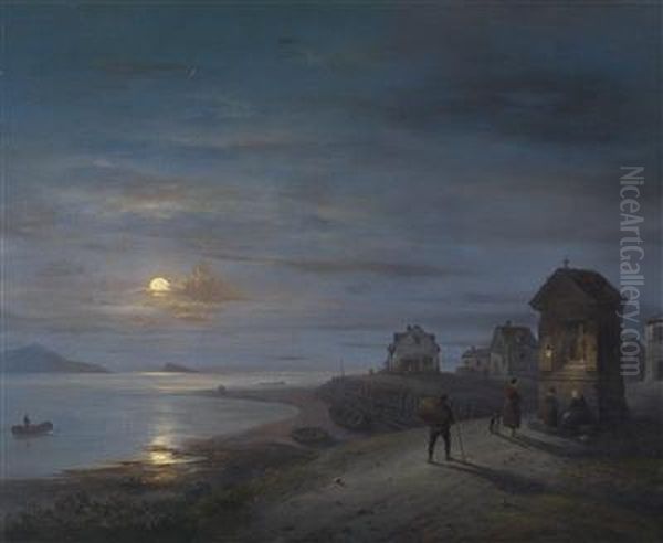 Coastal Landscape With Rising Moon And Figures By A Wayside Shrine In The Foreground Oil Painting by Guiseppe Canella