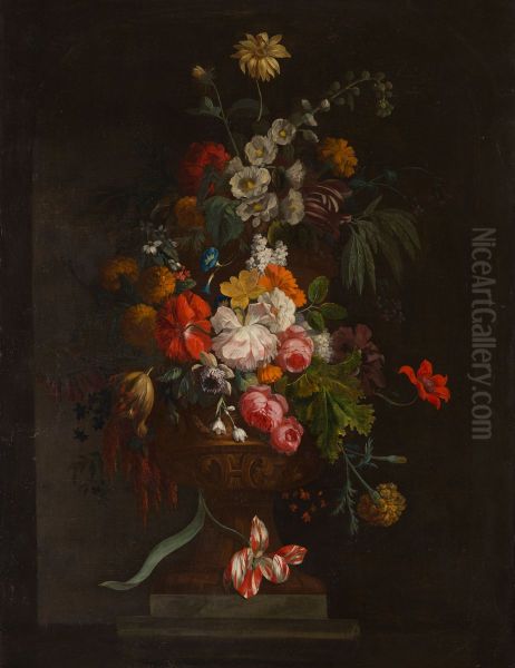 Bovendeurstuk met een bloemstilleven Oil Painting by Justus van Huysum