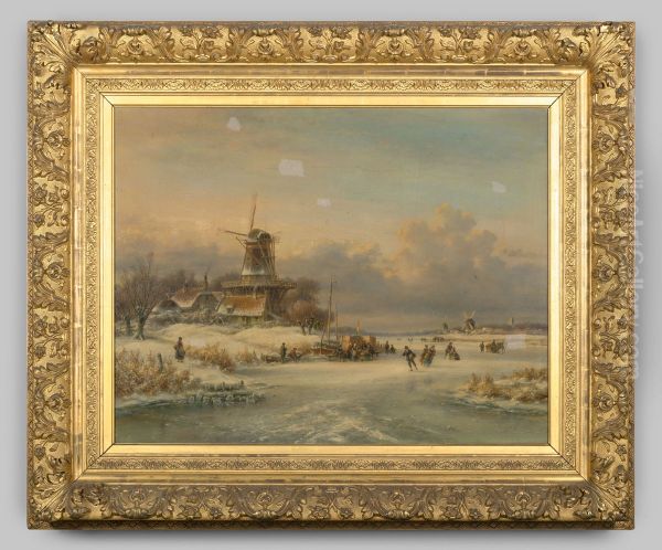 Winterlandschap met schaatsenrijders Oil Painting by Lodewijk Johannes Kleijn