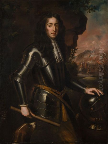 Portret van koning stadhouder Willem III in harnas Oil Painting by Geldersch Landschap en Kasteelen