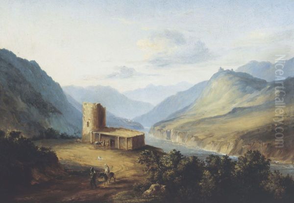 The Military Georgian Road near Mtsheta (Landscape with a Saklia - dwelling of Caucasian mountaineers), 1837 Oil Painting by Mikhail Lermontov