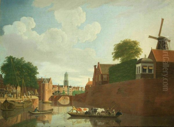 Schilderij met in het noorden van de stad Utrecht bolwerk Morgenster met oa Weerdpoort en Zandbrug. Oil Painting by Hendrik Keun