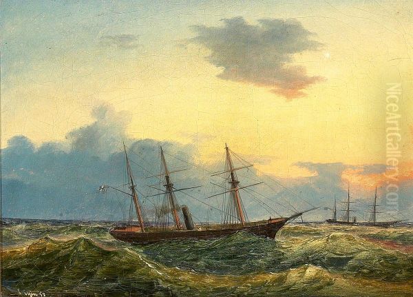 Ships at the sea just south of Kronborg Castle. Oil Painting by Carl Julius Emil Olsen