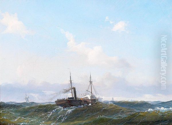 Ships in heavy sea. Oil Painting by Carl Julius Emil Olsen