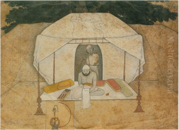 Balwant Singh Seated Writing on a Camp-Bed Oil Painting by Nainsukh