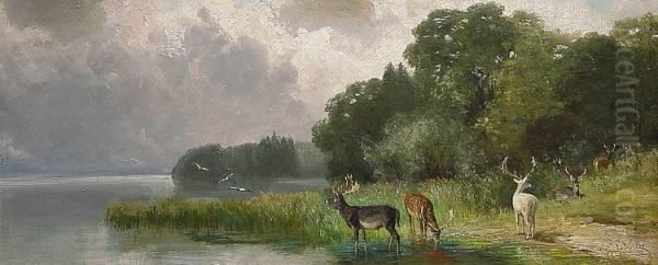 Damwild am See Oil Painting by Ludwig Gustav Voltz