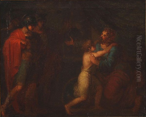 Two Roman warriors watching a seated man embracing a child Oil Painting by Nicolai Abildgaard