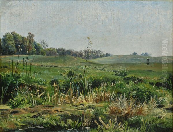 Figure in a field with distant woodland. Oil Painting by Georg Achen