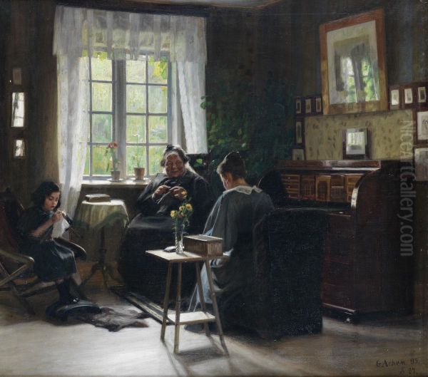 Mor, datter og barnebarn strikker. Oil Painting by Georg Achen