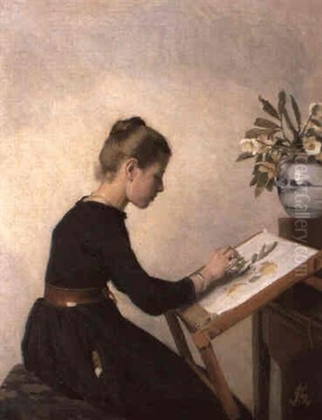 Young girl at her easel Oil Painting by Georg Achen