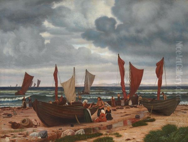 Fishermen of Hornbaek coming home from catching herring in unruly weather. Oil Painting by Vilhelm Kyhn