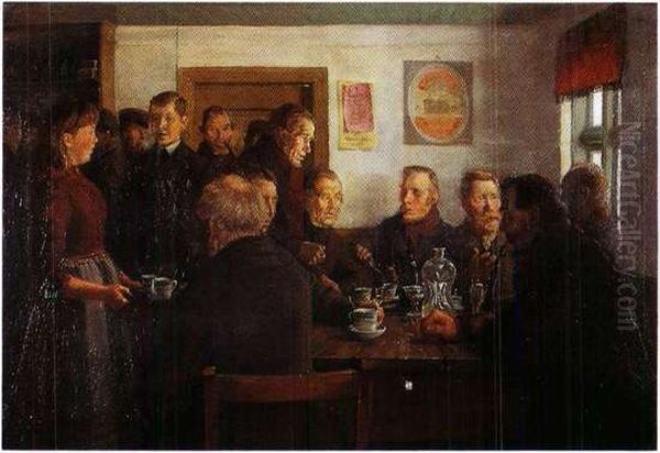 Generalforsamling i Ansager Andelsmejeri. Oil Painting by Hans Agersnap