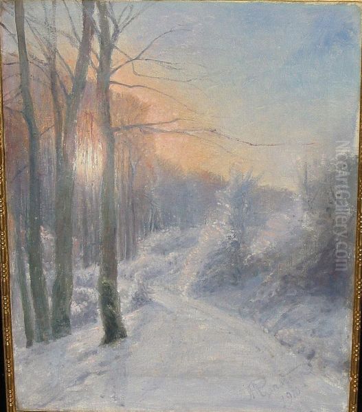 A winter day in the woods with sunlight through the trees. Oil Painting by Hans Agersnap