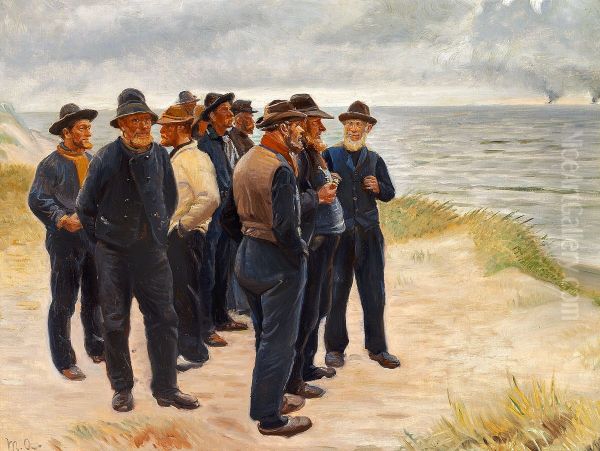 Fishermen of Skagen, observing the sea. Oil Painting by Michael Peter Ancher