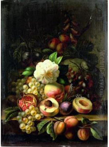 Nature Morte De Fleurs Et De Fruits Poses Sur Un Entablement Oil Painting by Theodore-Joseph Canneel