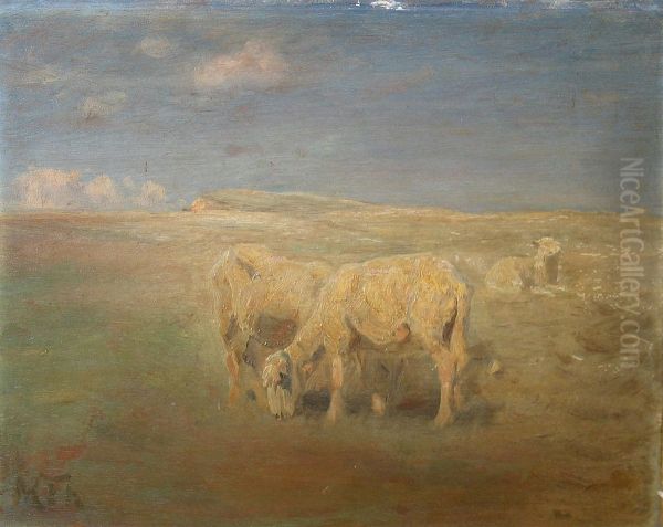 Sheep grazing in a meadow. Oil Painting by Hans Michael Therkildsen