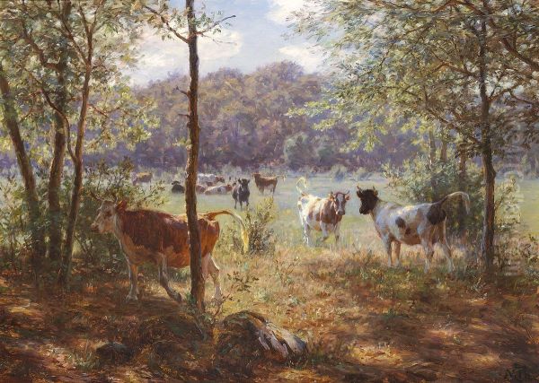 Cows running around. Oil Painting by Hans Michael Therkildsen