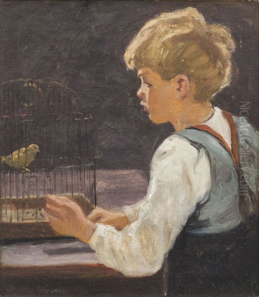 A boy with a canary. Oil Painting by Christian Aigens