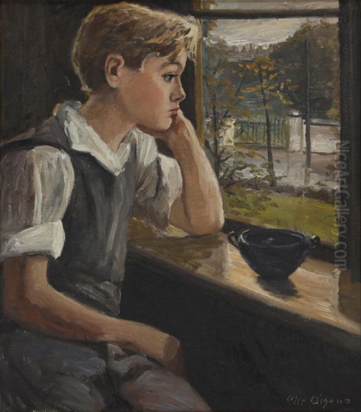 A boy sitting at a window. (60 x 51 cm). Oil Painting by Christian Aigens