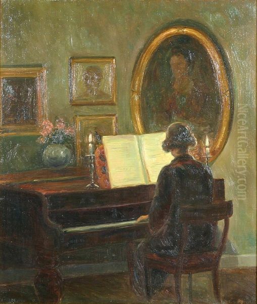 A woman at the piano in a candlelit room. Oil Painting by Poul Friis Nybo