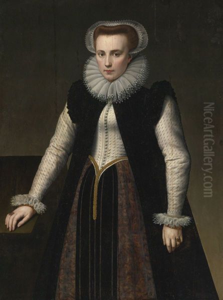 Portrait of a lady, three quarter length, in a ruff with matching lace cap and cuffs Oil Painting by Anthonie Blocklandt van Montfoort