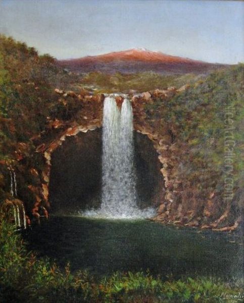 Rainbow Falls aka Waianuenue Falls, Hilo, Hawaii. Oil Painting by Joseph Nawahi