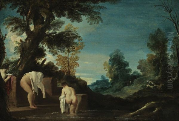 Landscape with Bathing Women Oil Painting by Guercino