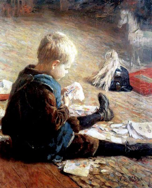 Boy playing Oil Painting by Fritz von Uhde