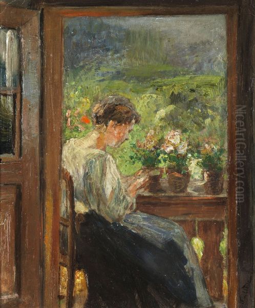 Reading woman on the balcony Oil Painting by Fritz von Uhde