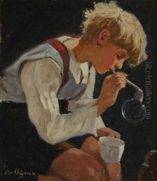 A boy blowing soap bubbles. Oil Painting by Christian Aigens