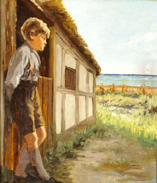 A boy at a thatched house. Oil Painting by Christian Aigens