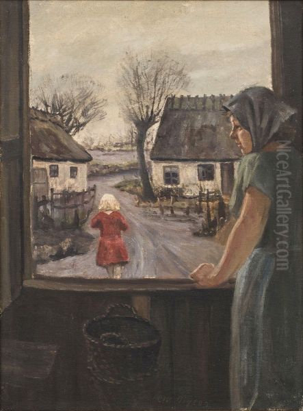 Farmyard with girl in a red dress. Oil Painting by Christian Aigens