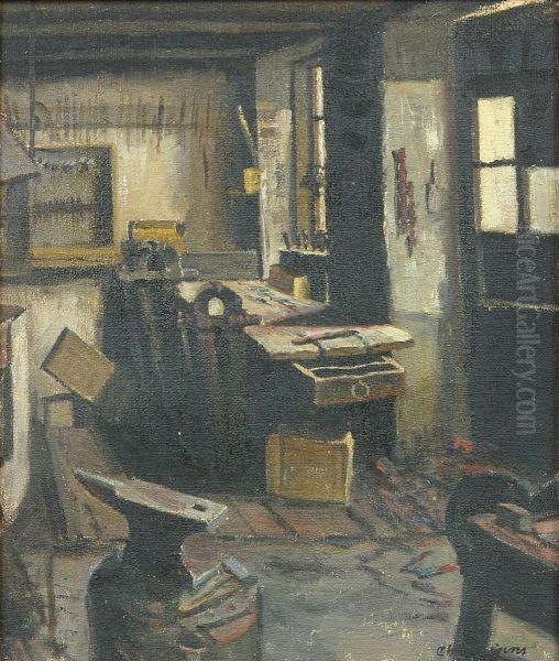 Interior of a workshop with an anvil. Oil Painting by Christian Aigens