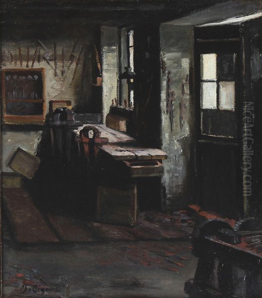 Interior fra et vaerksted. Oil Painting by Christian Aigens