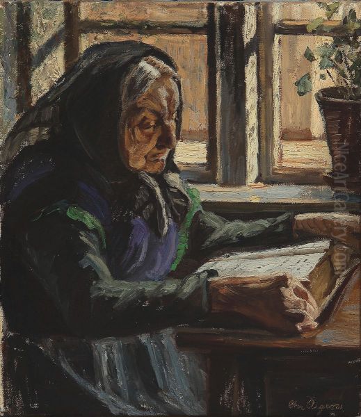 Interior with a woman reading the Bible. Oil Painting by Christian Aigens