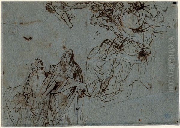 Sketches of figures in drapery and a man on horseback Oil Painting by Anthony Van Dyck