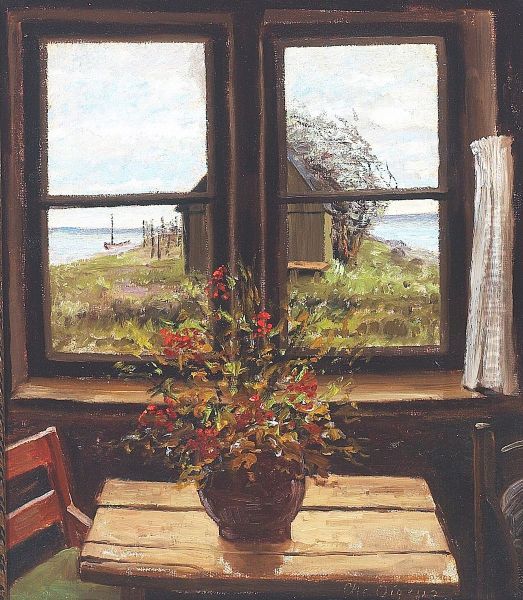 Interior med udsigt til havet. Oil Painting by Christian Aigens