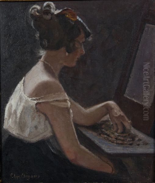 A woman at a makeup table. Oil Painting by Christian Aigens