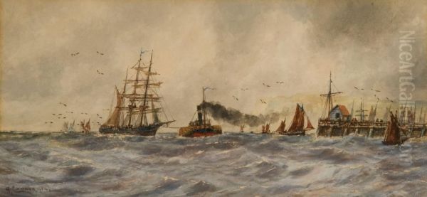 A Merchantman Under Tow From A Paddle Tug With Harbour Beyond Oil Painting by Walter Cannon