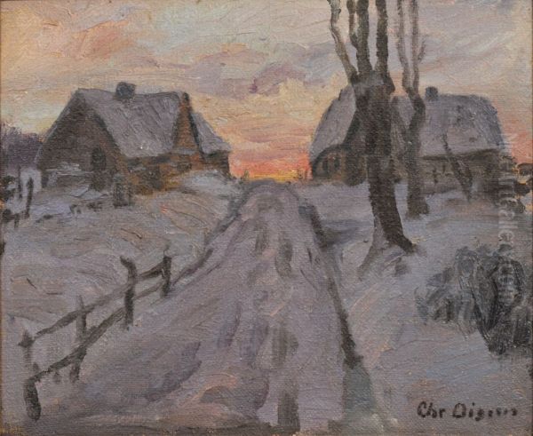 Winter landscape with houses. Oil Painting by Christian Aigens