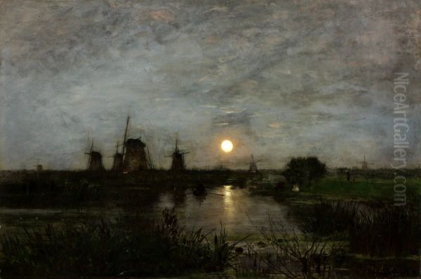 Moon landscape with windmill Oil Painting by Eugen Jettel