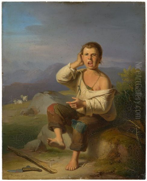 Injured shepherd boy Oil Painting by Johann Baptist Kirner