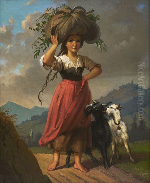 Fille de paysans avec deux chevres, une botte de foin sur la tete Oil Painting by Dominik Weber