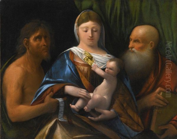 Madonna and Child with Saints John the Baptist and Jerome. Oil Painting by Dosso Dossi