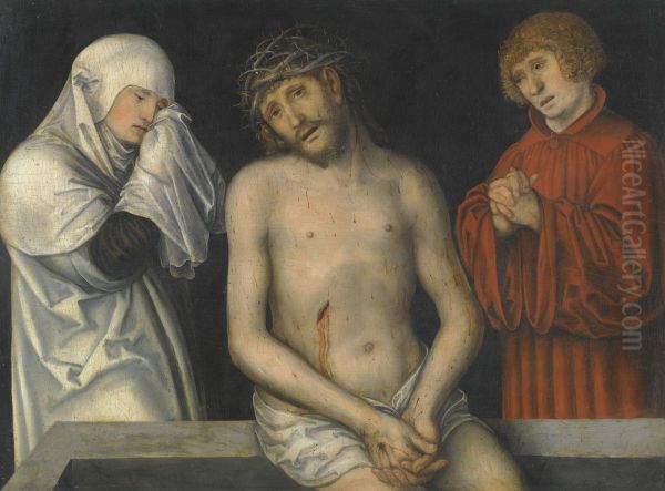 Man of Sorrows flanked by the Virgin and St John Oil Painting by Lucas Cranach the Younger