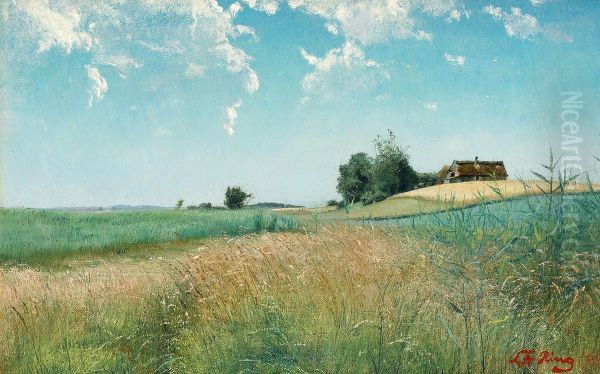 Sommerlandskab med strataekt gard pa en bakketop. Oil Painting by Laurits Andersen Ring