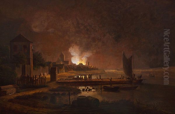 A fire in a town at an inlet. Oil Painting by F.M.E. Fabritius de Tengnagel