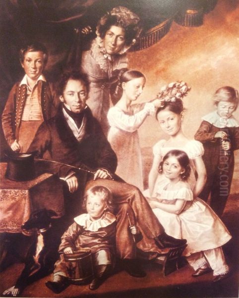 Der Bankier Wilhelm Christian Benecke (von Groditzberg) mit Familie: Frau Marie Luise (geb. du Titre), Rudolph (13 Jahre), Betty (12 Jahre), Clarchen (10 Jahre), Richard (7 Jahre), Roschen (5,5 Jahre), Wilhelm (4 Jahre). Oil Painting by Franz Kruger