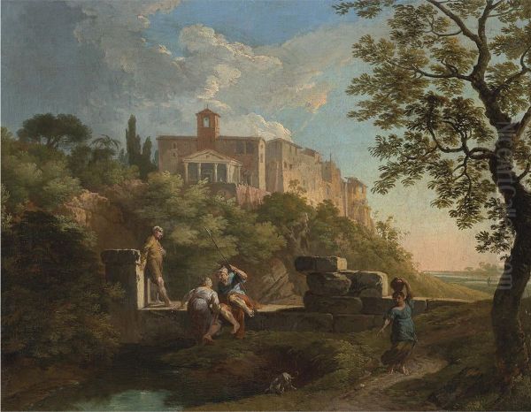 An Italianate landscape with figures resting by a wall, a town in the distance by Andrea Locatelli Oil Painting by Andrea Locatelli