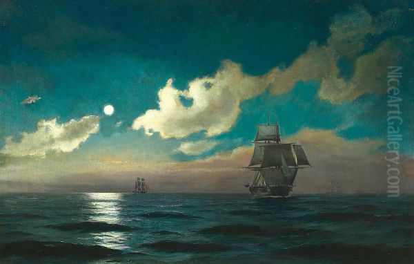 Sailing ships in the moonlight. Oil Painting by Carl Locher